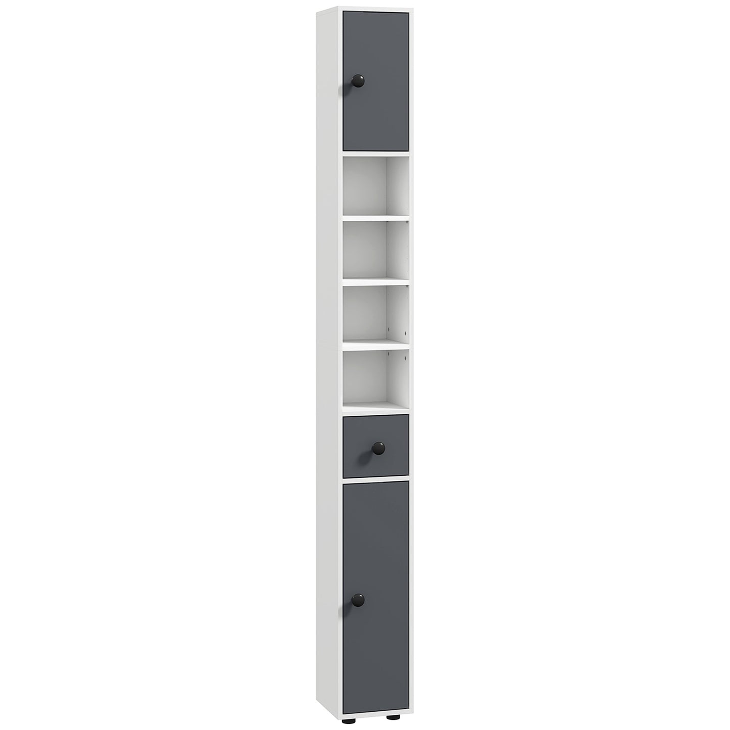 Photo of kleankin 180cm Slim Bathroom Cabinet, with Drawer, Shelves and Cupboards - Grey in Grey colour on a white background
