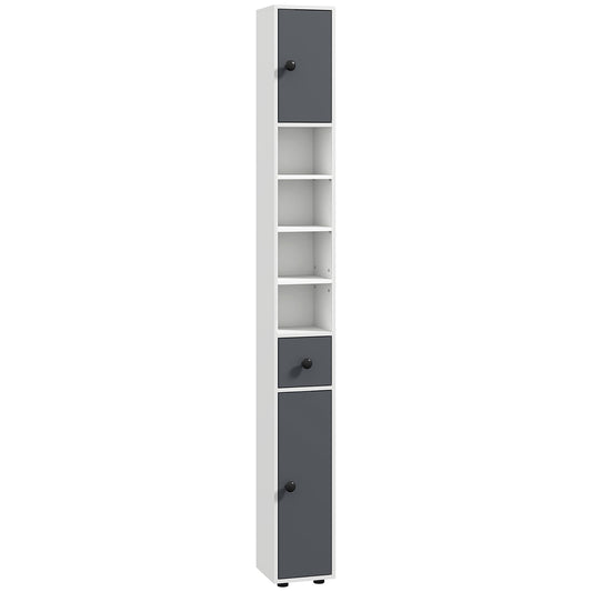 Photo of kleankin 180cm Slim Bathroom Cabinet, with Drawer, Shelves and Cupboards - Grey in Grey colour on a white background