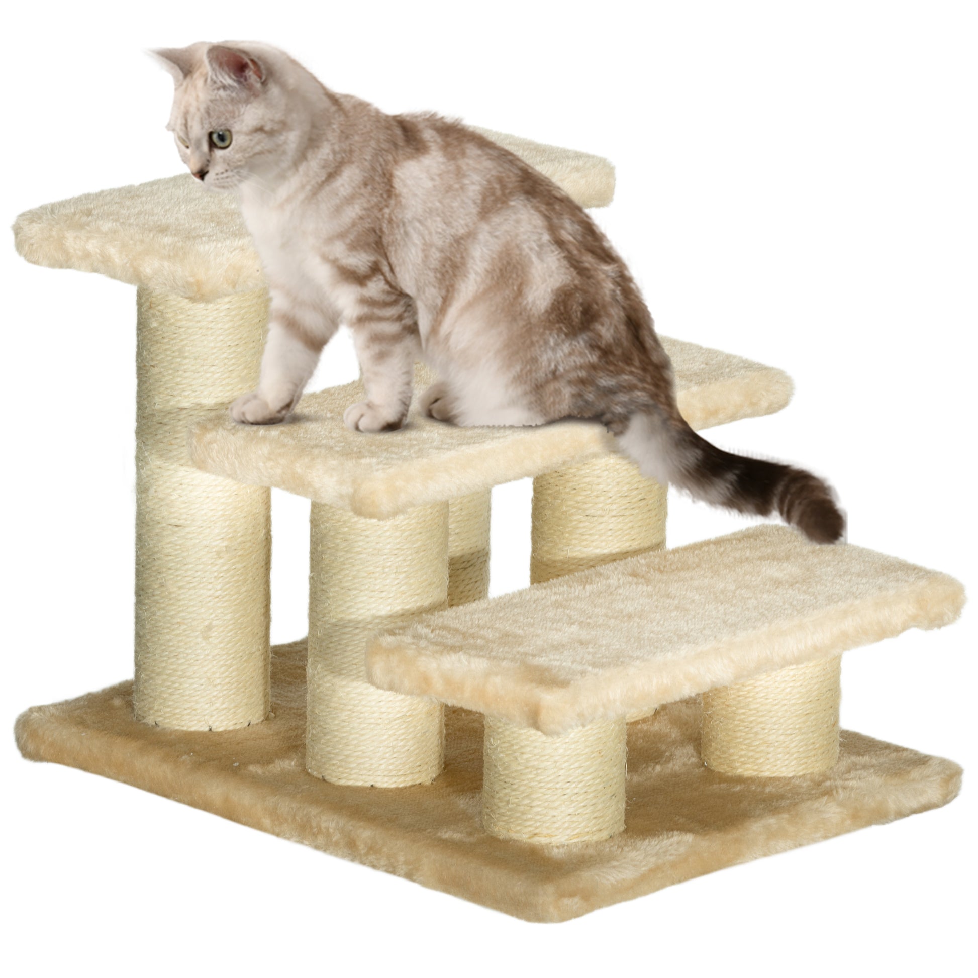 Photo of PawHut Pet Stairs 3-step Pet Ladder Cat dog Stairs Climb Ladder Cat Tree, Beige in Beige colour on a white background