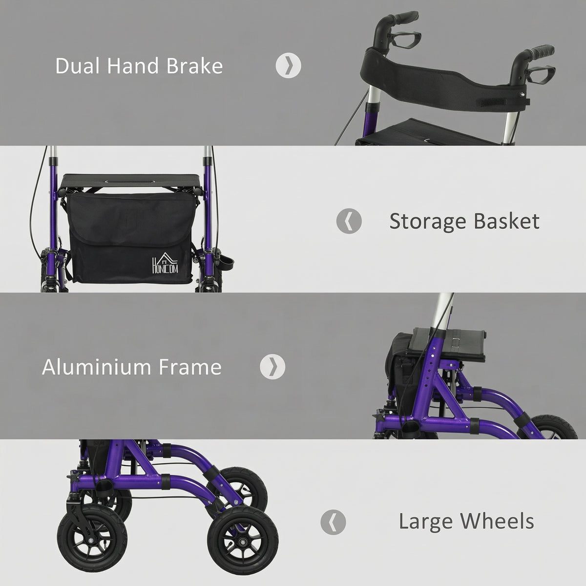HOMCOM rollator details: dual hand brakes, storage bag, aluminum frame and large wheels