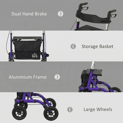 HOMCOM rollator details: dual hand brakes, storage bag, aluminum frame and large wheels