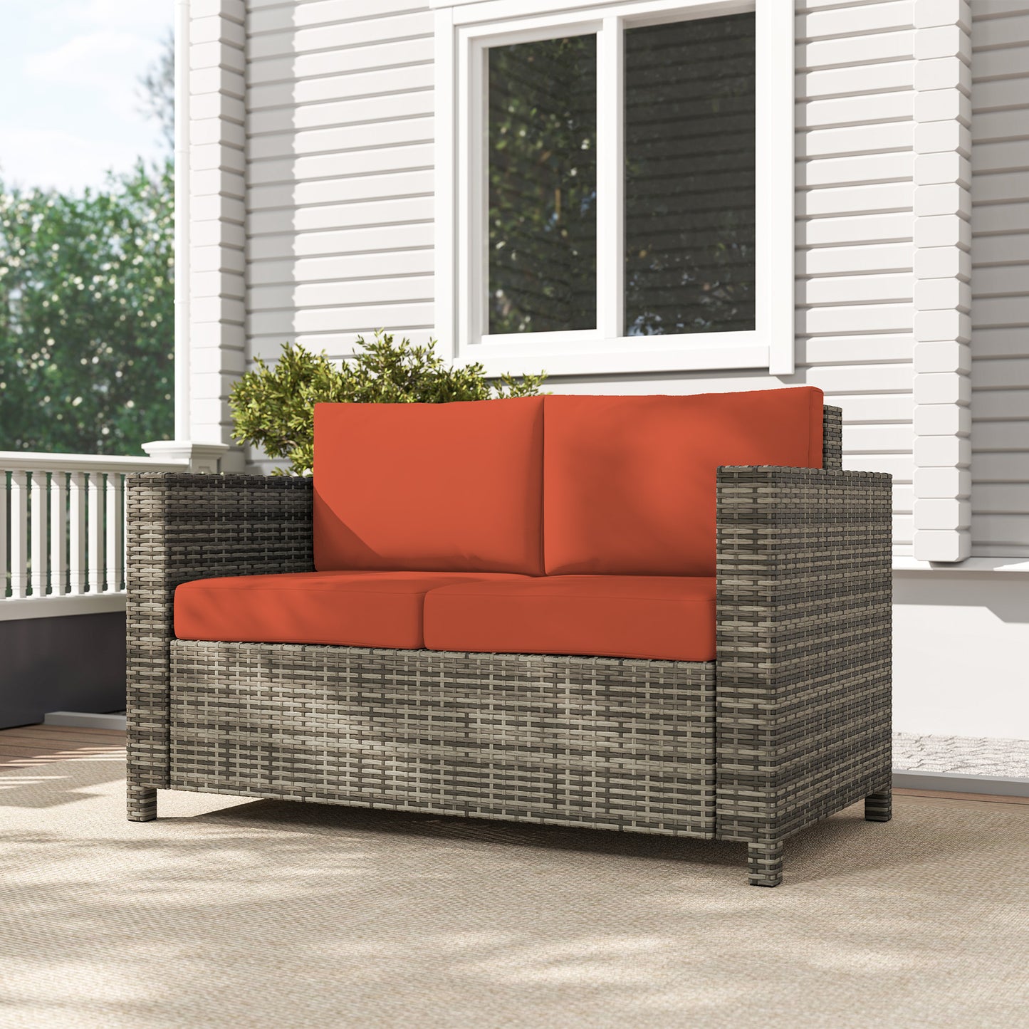 Outsunny Rattan Sofa, 2 Seater Garden Furniture with Soft Padded Cushion and Armrests, Wicker Garden Loveseat for Patio, Grey