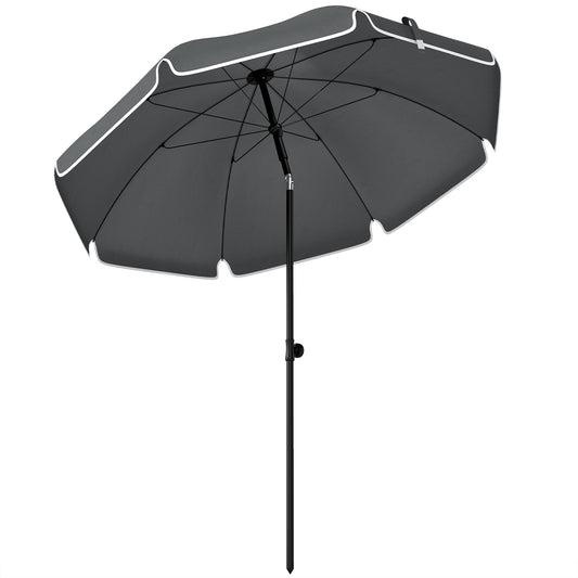 Photo of Outsunny 1.8 m Beach Umbrella Parasol with Sand Anchor, Portable 30° Tilting Patio Sun Shade with Adjustable Height, Dark Grey in Grey colour on a white background