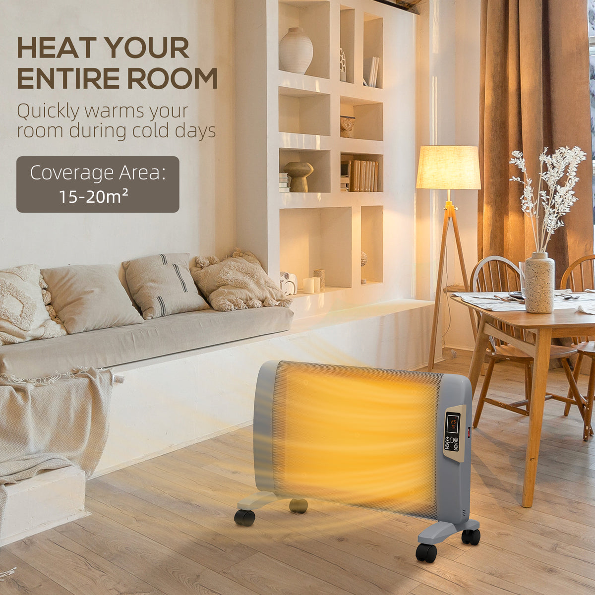 HOMCOM grey space heater with glowing front panel and caster wheels