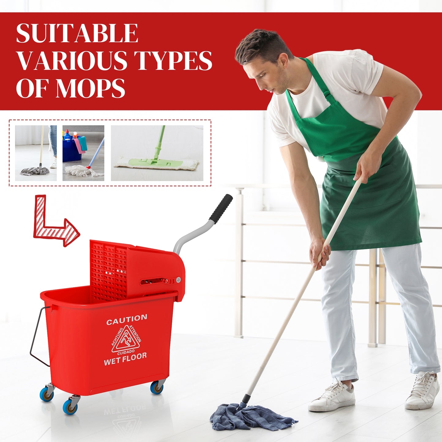 HOMCOM 20L Compact Mop Bucket on Wheels, with Water Separation Panel - Red