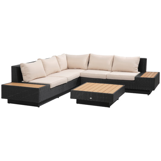 Photo of Outsunny 5-Seater Rattan Garden Furniture Outdoor Sectional Corner Sofa with Armrest and Cushions, Black in Black colour on a white background