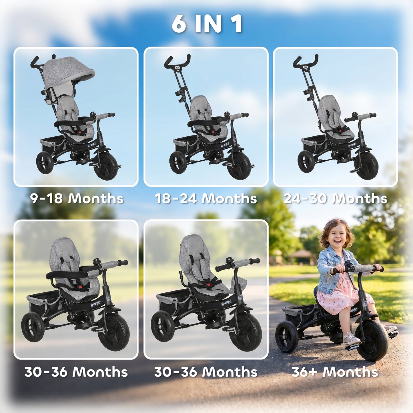 HOMCOM 6 in 1 Kids Trike Push Bike w/ Push Handle, Canopy, 5-point Seat Belt, Storage, Footrest, Brake, for 1-5 Years, Grey