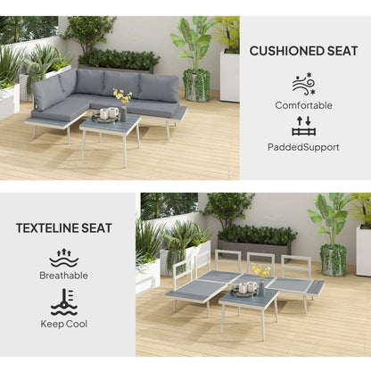 Garden furniture set with gray padded or mesh seats and a matching slatted table