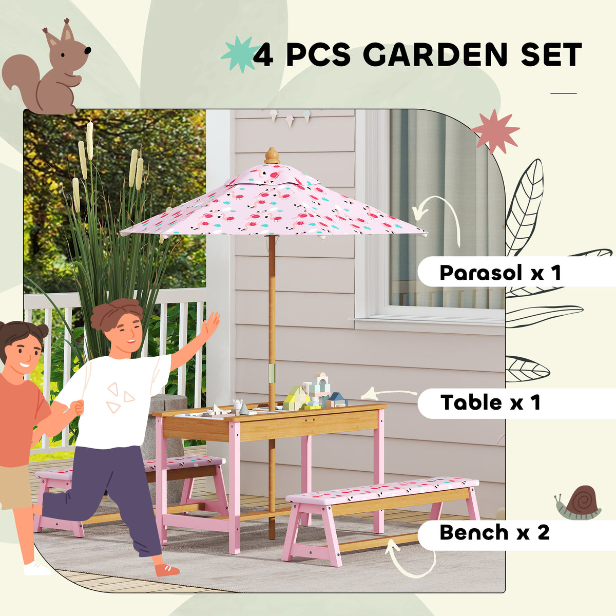 AIYAPLAY kids picnic table set with umbrella and two matching benches, shown assembled