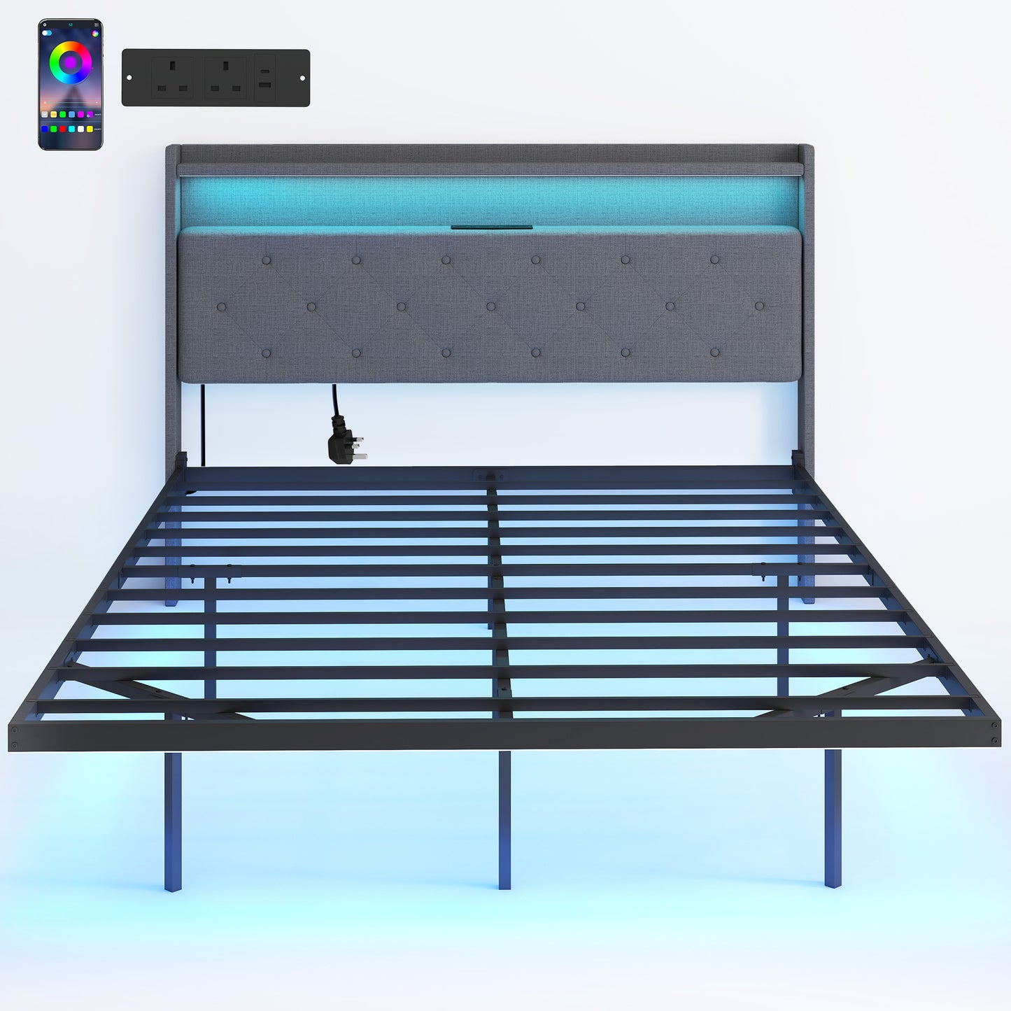 Photo of HOMCOM Floating Bed Frame, Upholstered 4ft6 Double Size Bed, Platform Bed with RGB LED Lights and Charging Station, Grey in Grey colour on a white background