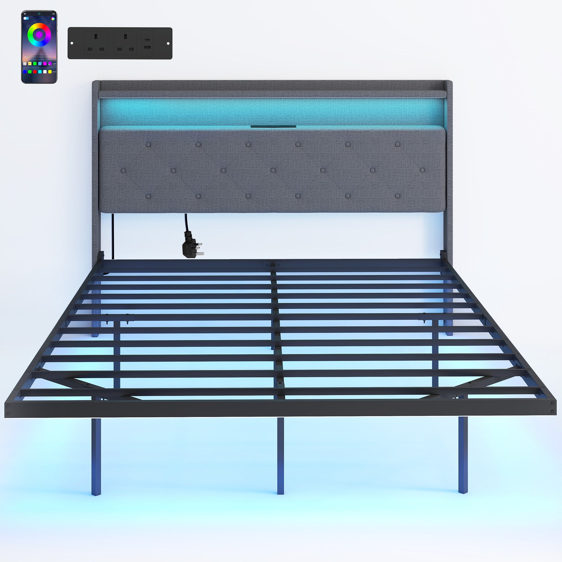 Photo of HOMCOM Floating Bed Frame, Upholstered 4ft6 Double Size Bed, Platform Bed with RGB LED Lights and Charging Station, Grey in Grey colour on a white background