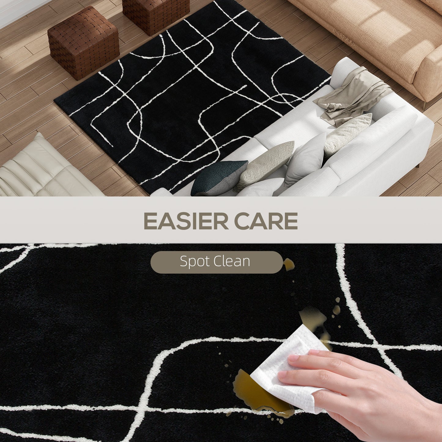HOMCOM Modern Fluffy Area Rug, Geometric Pattern Washable Rug, Soft High Pile Floor Carpet for Living Room, Bedroom, Dining Room, Home Office, 170 x 120 cm, Black