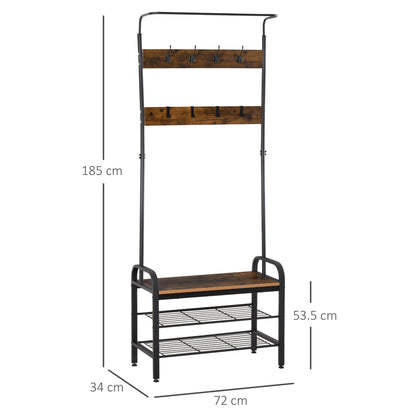 HOMCOM coat rack and shoe bench with hooks and shelves, shown with dimensions