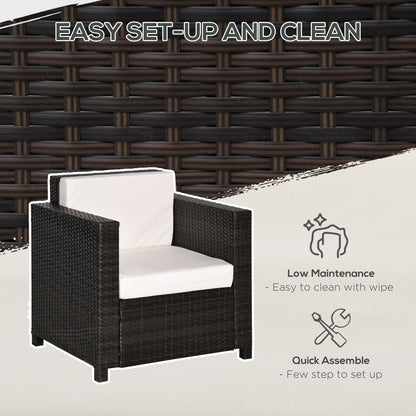 Brown rattan armchair with white cushions, shown with cleaning and assembly details