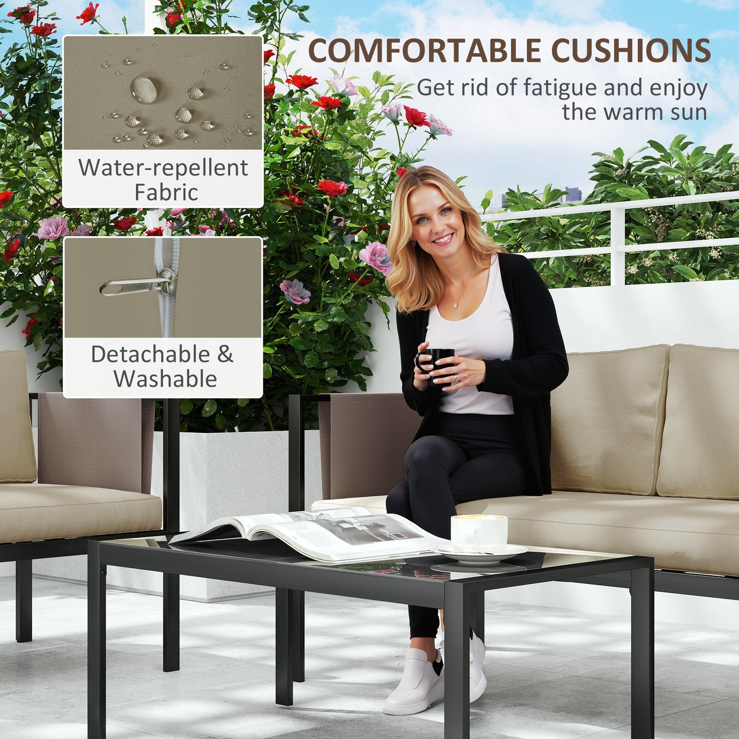 Outsunny 4 Piece Metal Garden Furniture Set with Loveseat, Breathable Texteline Chairs and Glass Coffee Table for Patio, Balcony & Outdoor, Khaki
