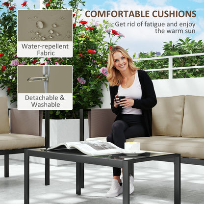 Garden furniture set with water-repellent, detachable khaki cushions and glass table