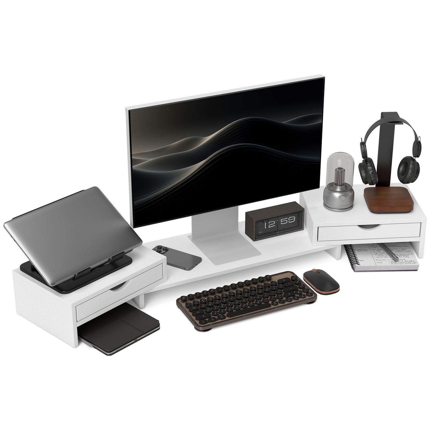 Photo of HOMCOM Dual Monitor Stand Riser with 2 Drawers, Adjustable Length and Angle, 116cm Monitor Riser for Laptop, Computer, PC, Small Printer, White in White colour on a white background