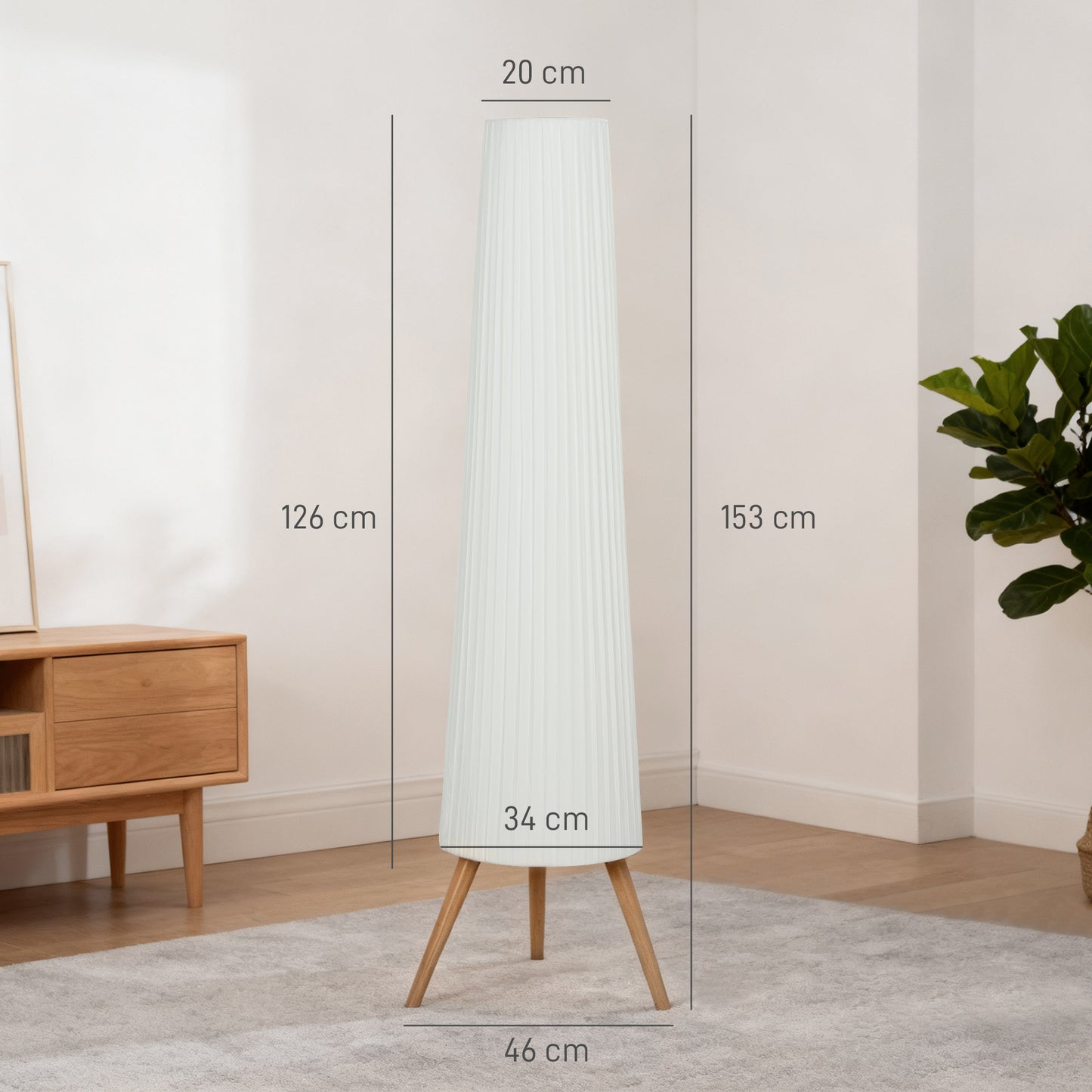 HOMCOM Dimmable Tripod Floor Lamp with Foot Switch, Nordic Standing Lamp with Fabric Shade, 153cm, White, White and Natural