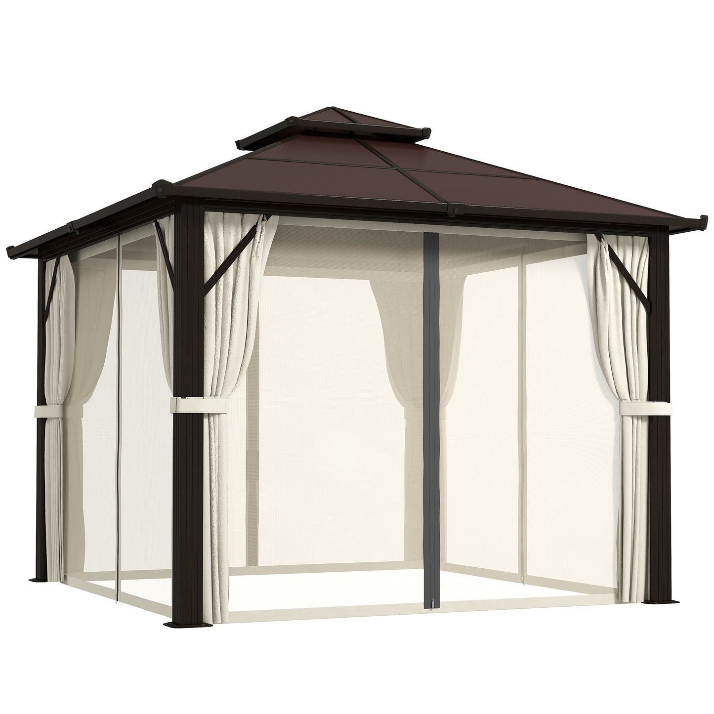 Photo of Outsunny 3 x 3(m) Hardtop Gazebo Canopy with UPF30+ Double Polycarbonate Roof, Aluminium Frame Garden Gazebo Permanent Pavilion with Mosquito Netting and Curtains for Patio, Deck, Beige in Beige colour on a white background