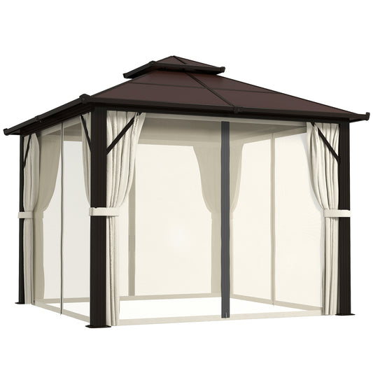 Photo of Outsunny 3 x 3(m) Hardtop Gazebo Canopy with UPF30+ Double Polycarbonate Roof, Aluminium Frame Garden Gazebo Permanent Pavilion with Mosquito Netting and Curtains for Patio, Deck, Beige in Beige colour on a white background