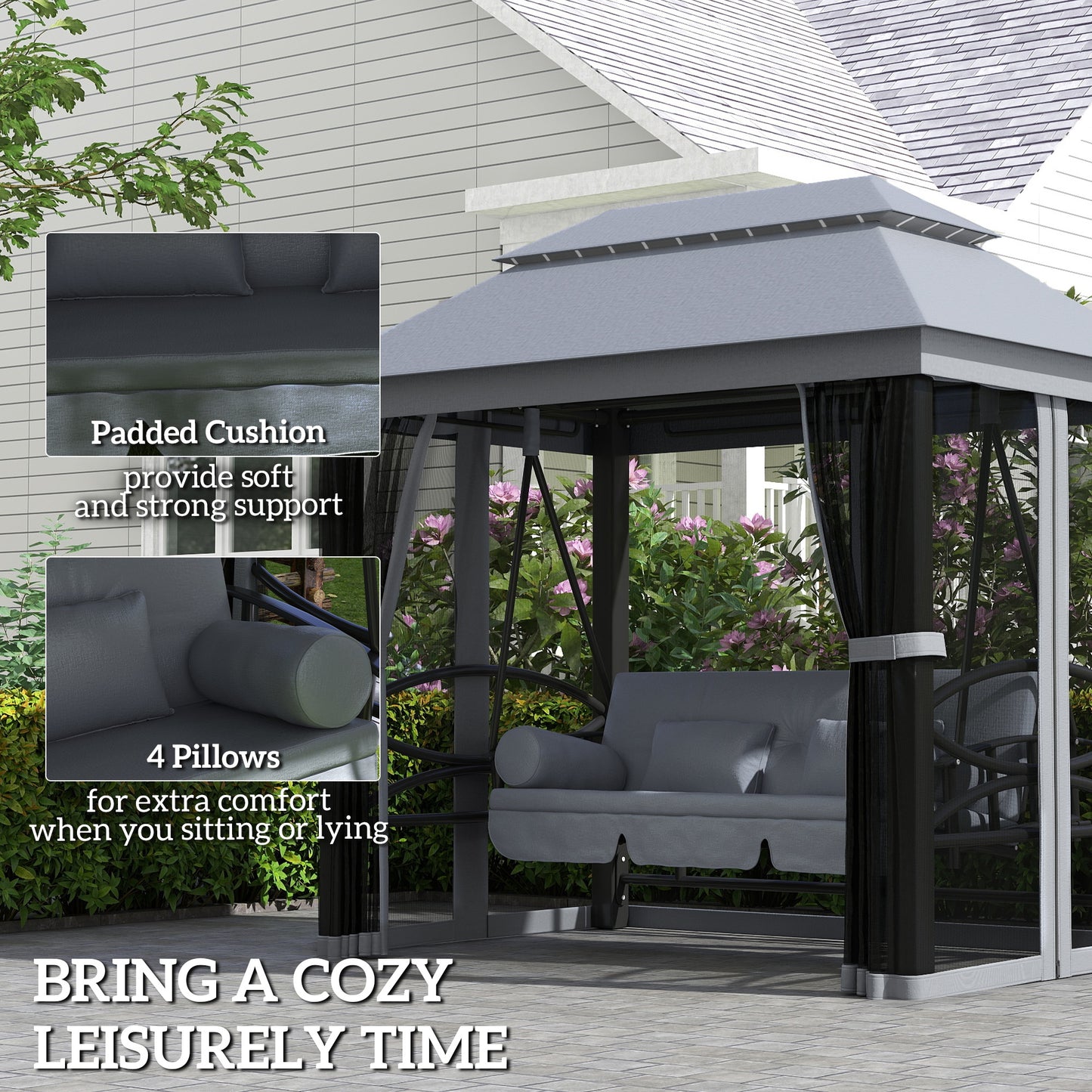 Outsunny 3 Seater Swing Chair Hammock Gazebo Lounger Cushioned Seat Waterproof Grey