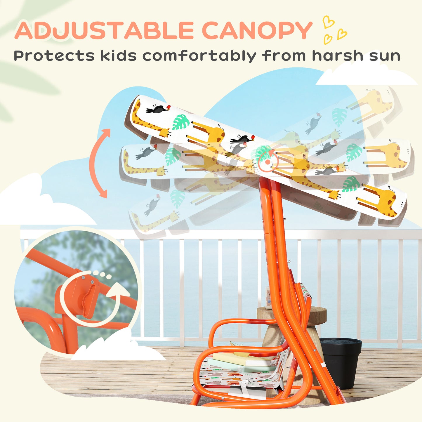 AIYAPLAY Kids Porch Swing, 2-Seater Patio Swing Bench Hammock with Seat Belts, Adjustable Canopy for Garden, Orange