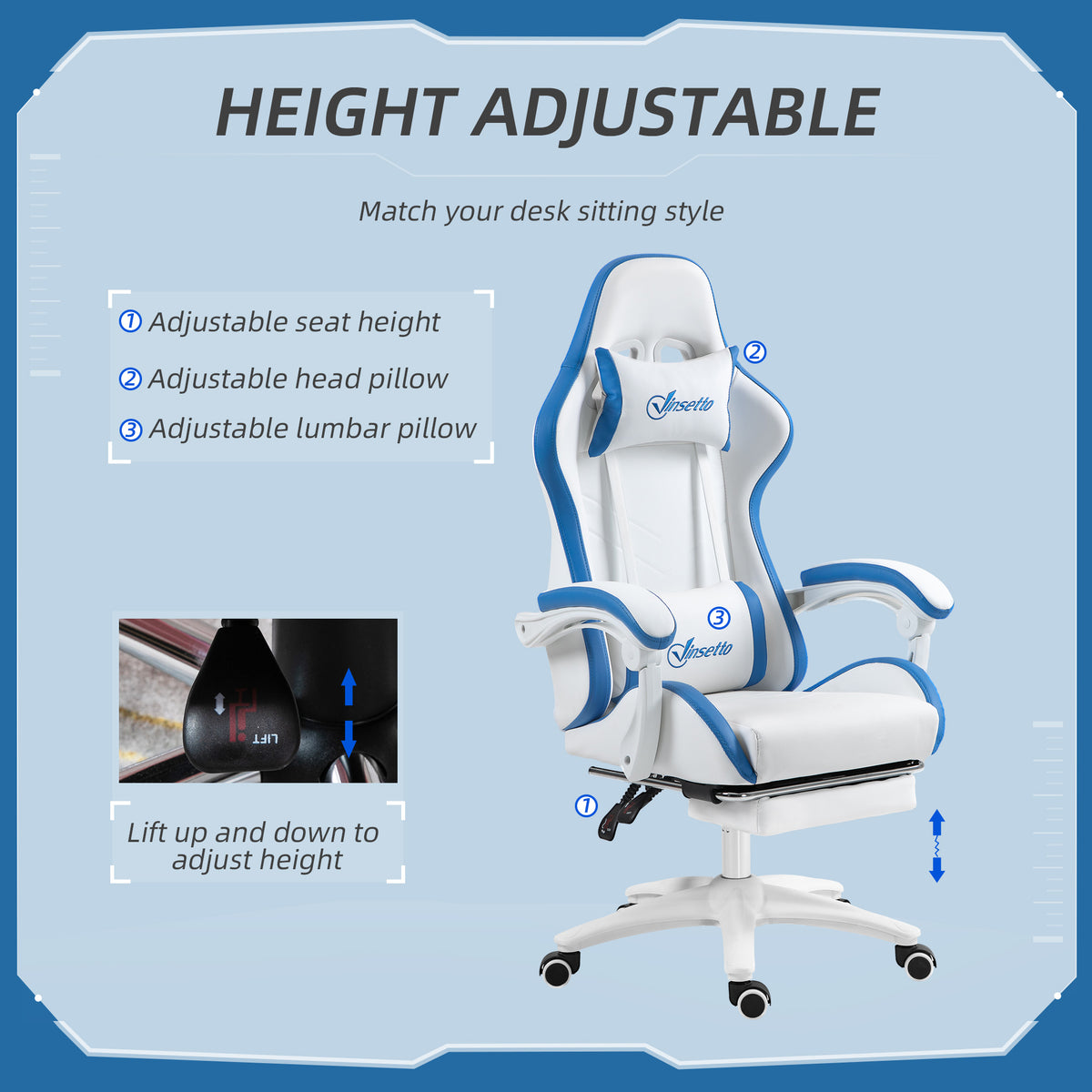 Vinsetto Gaming Chair, Computer Gamer Chair with Reclining High Back, Headrest, Lumbar Support, Footrest, Swivel Wheels, PU Leather, Adjustable Height for Home, White and Blue