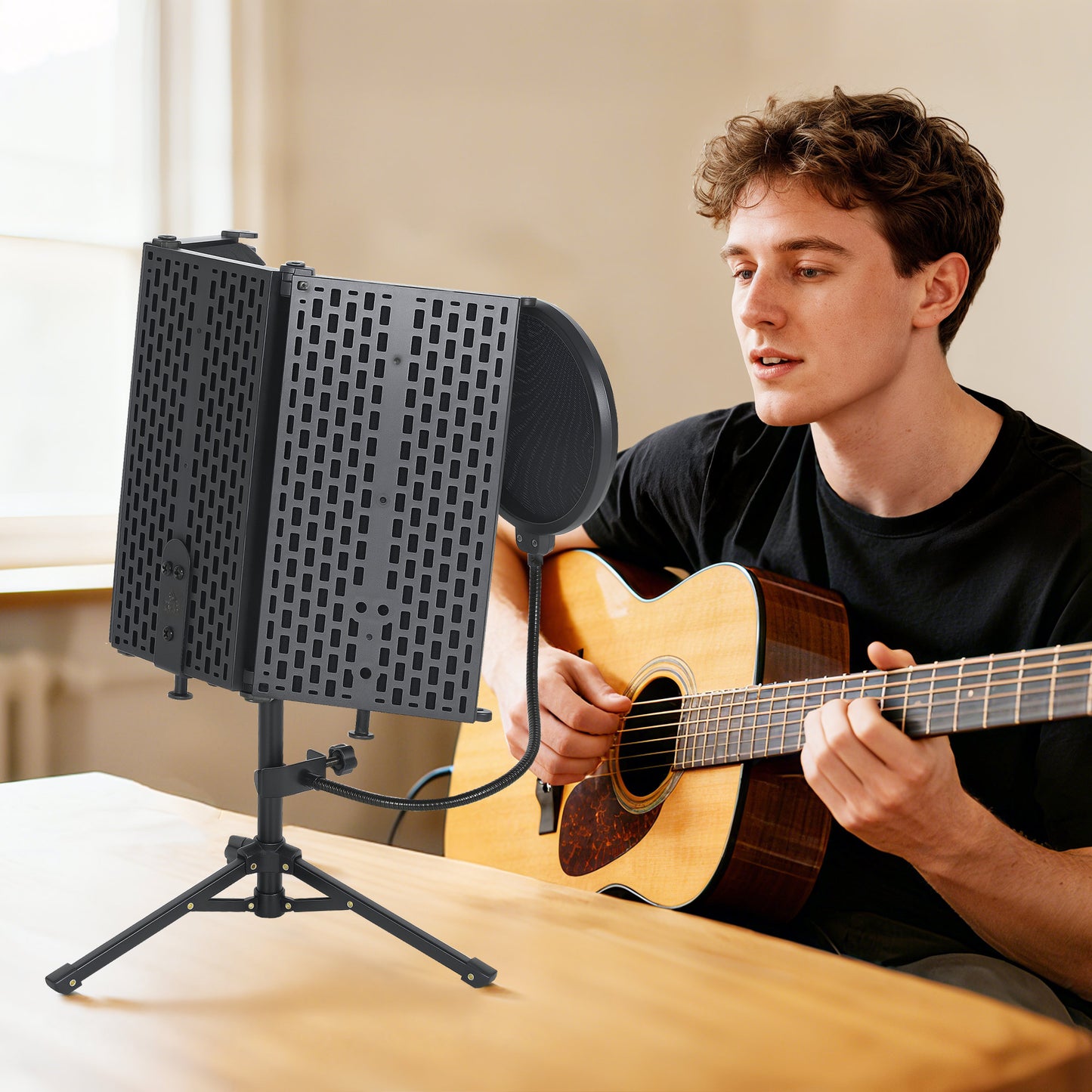 HOMCOM Studio Microphone Isolation Shield with Pop Filter and Tripod Stand, Foldable Adjustable Recording Studio Equipment, 3-Panel High Density Absorbent Foam Shield with 3/8" Threaded Mount, Black