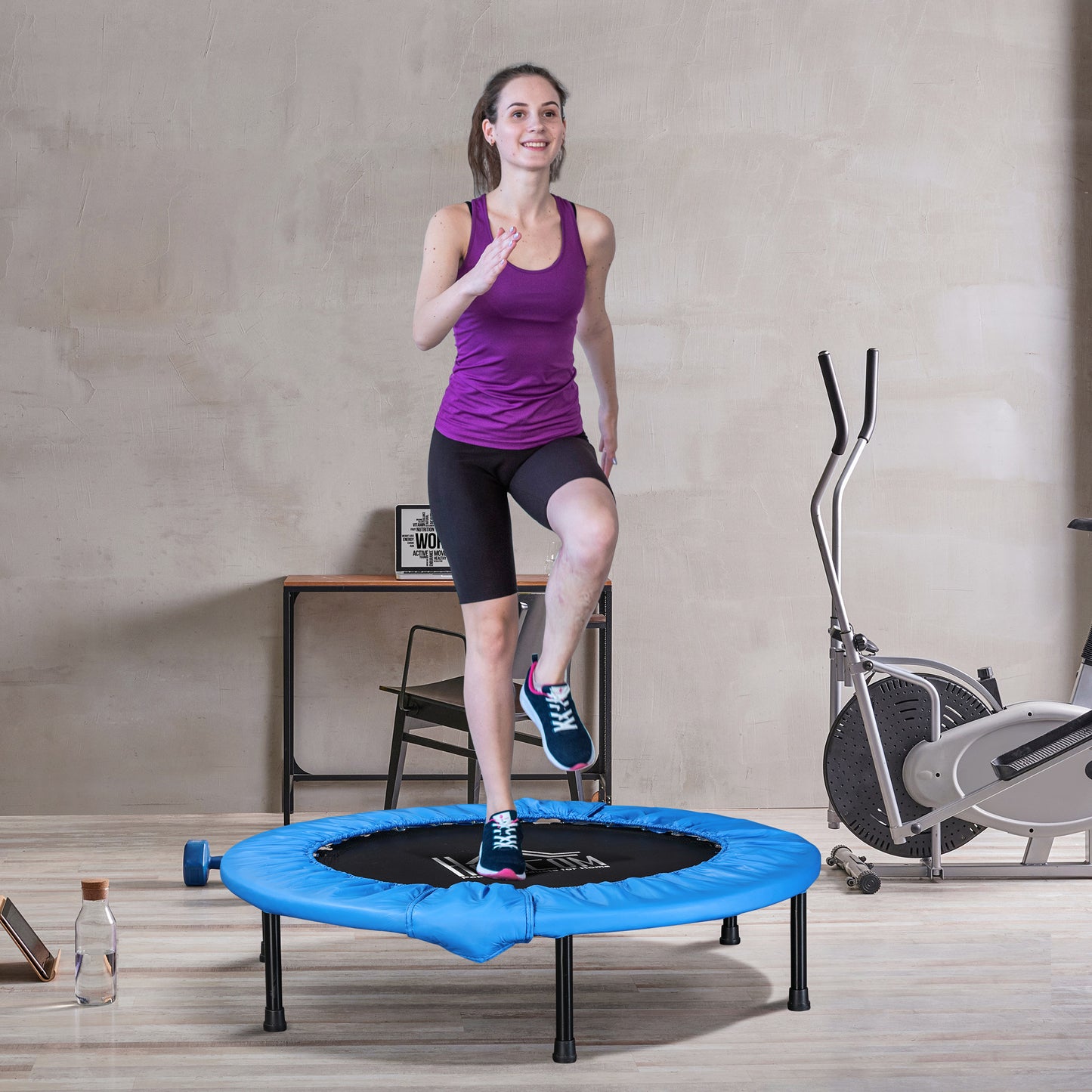 HOMCOM 40" Mini Fitness Trampoline Home Gym Yoga Exercise Rebounder Indoor Outdoor Jumper with Safety Pad, Support Up to 150 KG, Blue and Black