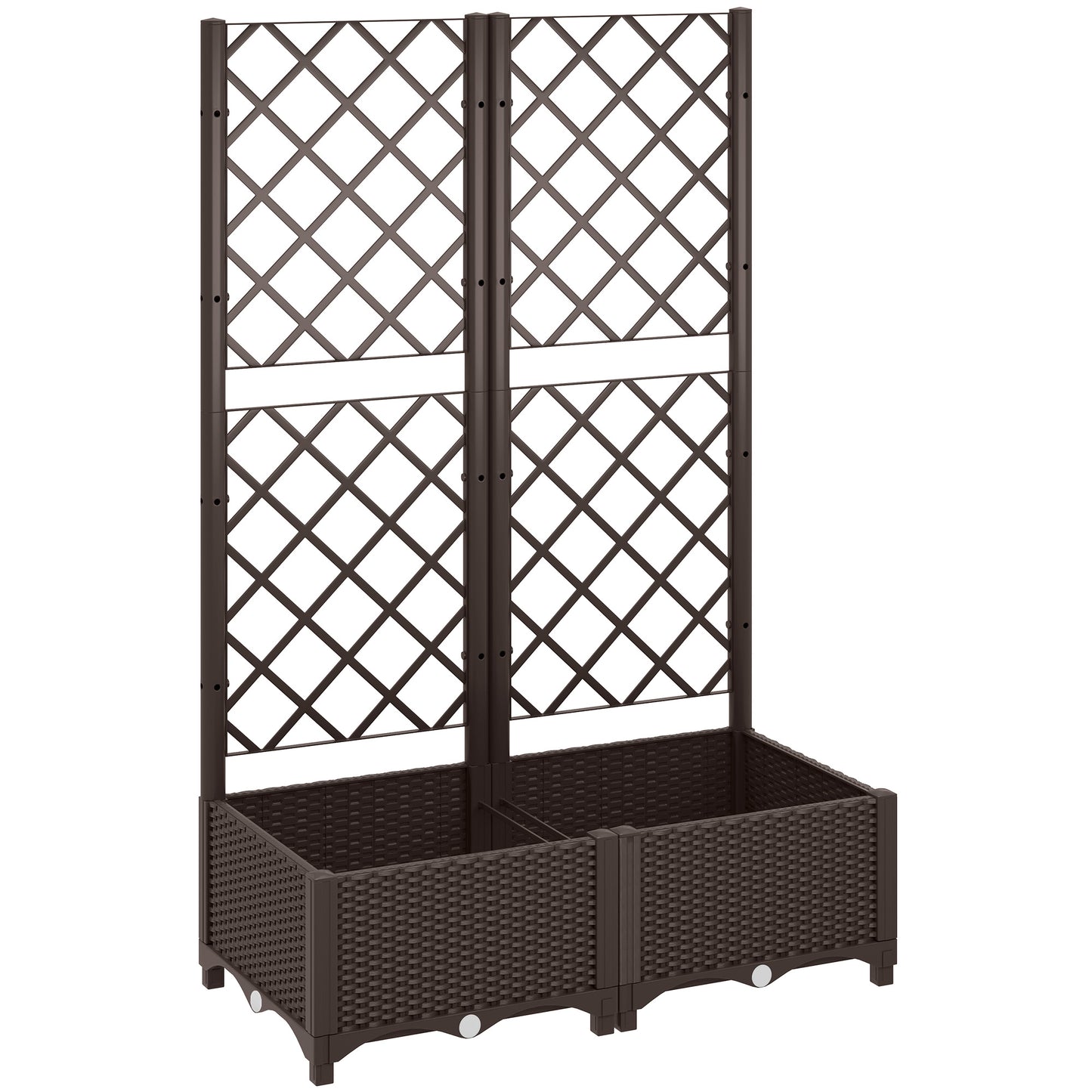Photo of Outsunny Raised Garden Bed with Trellis, Plastic Planter Box with Drainage Holes, Drain Plugs and Water Reservoirs for Climbing Plants, Vegetables, Flowers, Brown in Brown colour on a white background