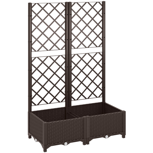 Photo of Outsunny Raised Garden Bed with Trellis, Plastic Planter Box with Drainage Holes, Drain Plugs and Water Reservoirs for Climbing Plants, Vegetables, Flowers, Brown in Brown colour on a white background