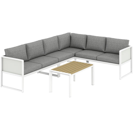 Photo of Outsunny 6 Seater Metal Garden Furniture Corner Sofa Set with 3 Loveseats, Faux Wood Table, Texteline Seat, Cushions, White in White colour on a white background