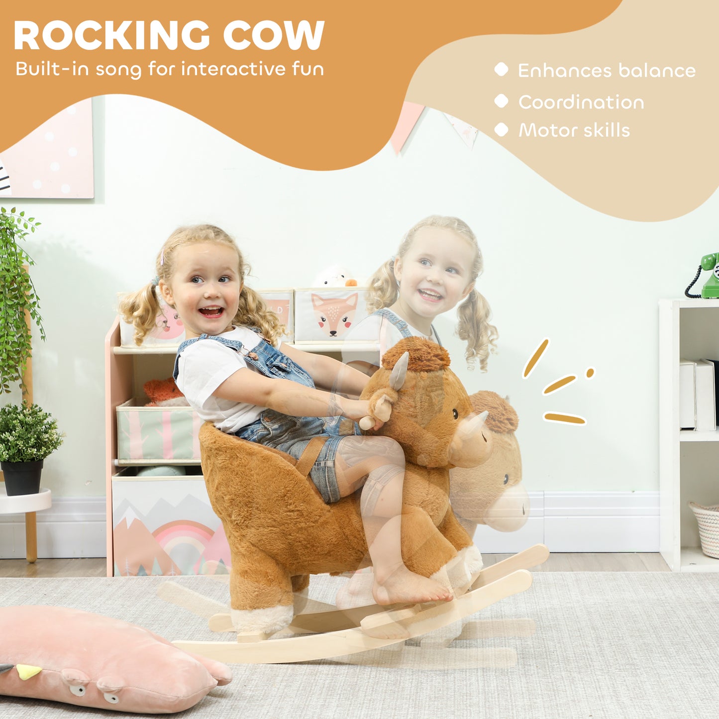 AIYAPLAY Baby Rocking Horse with Safety Belt, Wood Base, Animal Rocker for Children, Brown