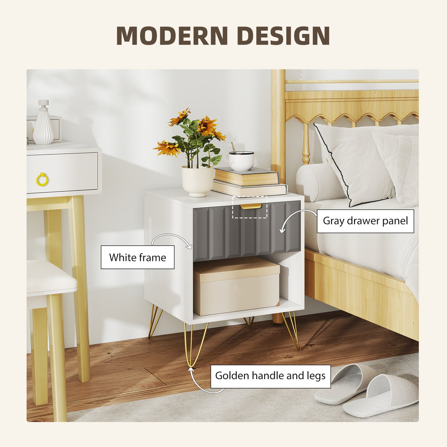 HOMCOM Bedside Table Modern Bedside Cabinet with Drawer and Open Compartment, 45 x 40 x 55, White
