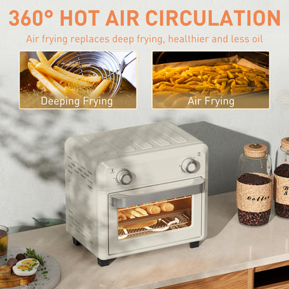 HOMCOM cream air fryer oven shown with food cooking inside and 360-degree hot air circulation