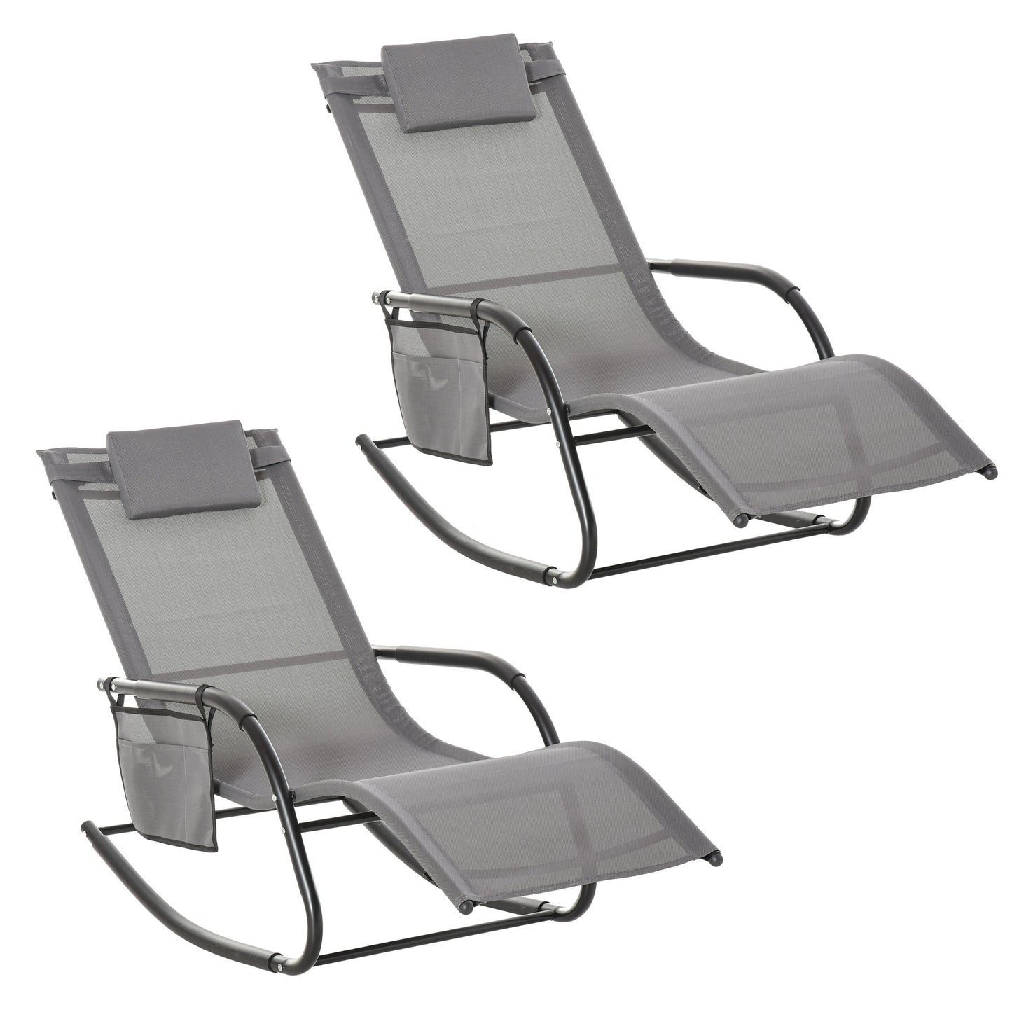 Photo of Outsunny 2PCs Outdoor Garden Rocking Chair, Patio Sun Lounger Rocker Chair with Breathable Mesh Fabric, Removable Headrest Pillow, Armrest, Side Storage Bag, Grey in Grey colour on a white background