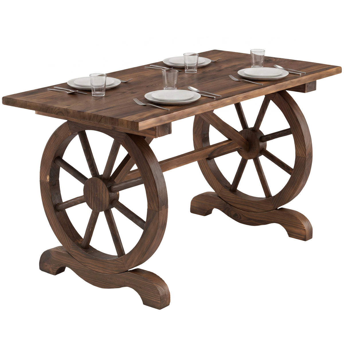 Outsunny wooden wagon wheel table with a dark wood top set for four