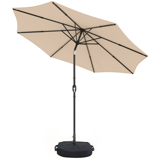 Photo of Outsunny 2.7 m Garden Parasol Umbrella with Cross Base and Sandbag, Retractable Ribs, Outdoor Table Market Umbrella, Khaki in Khaki colour on a white background