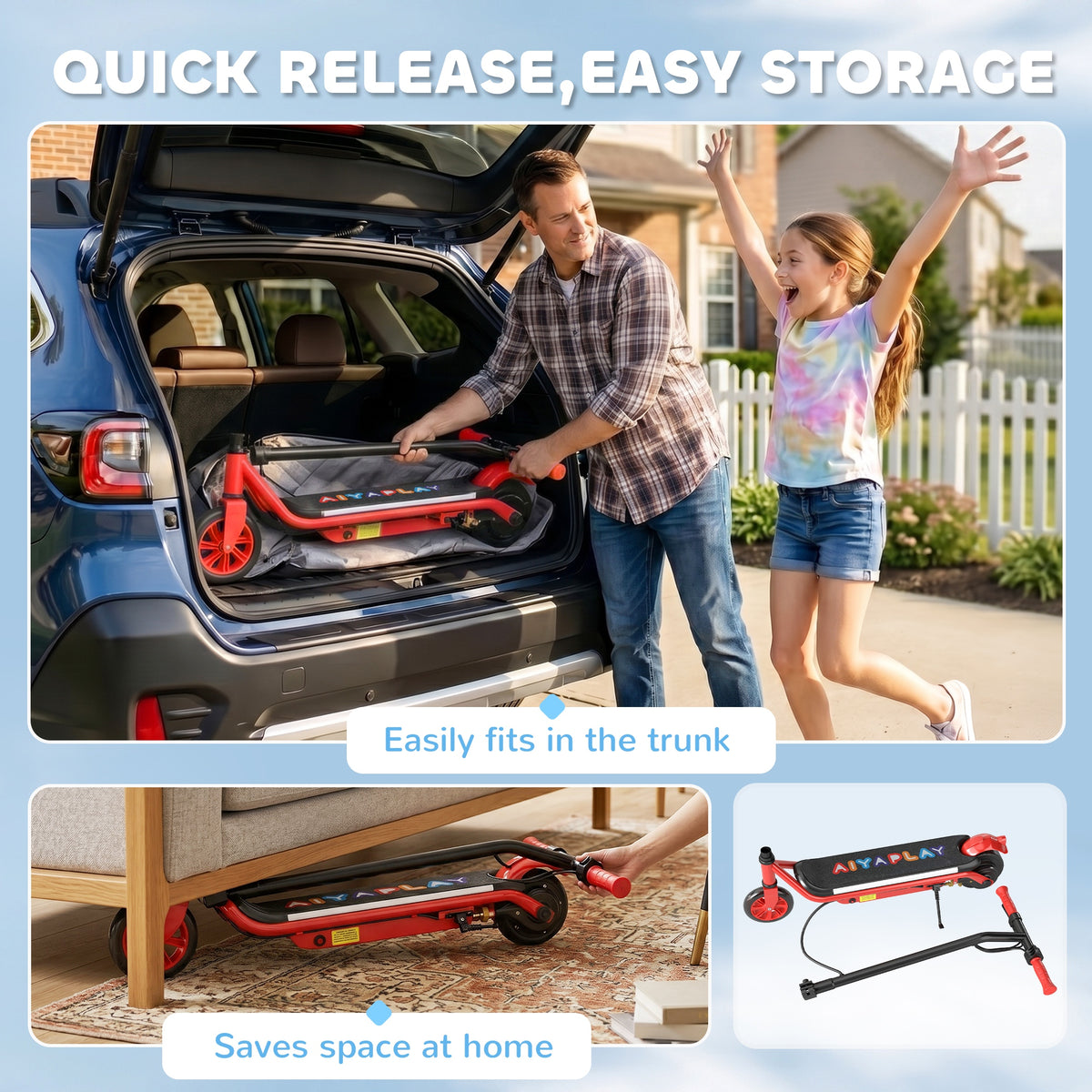 AIYAPLAY red electric scooter folded for compact storage