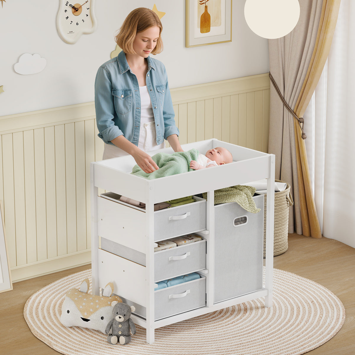 AIYAPLAY Baby Changing Unit with 4 Storage Drawers, Mat for Bedroom Nursery, 84 x 84.5 cm, White