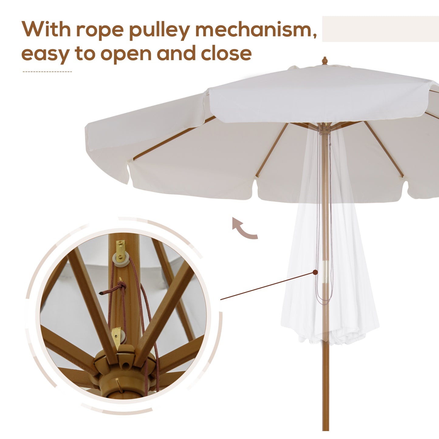 Outsunny 3.3m Elegant Wooden Parasol with Wooden Frame and Bamboo Ribs- Cream