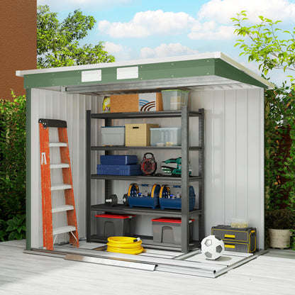 Open green steel garden shed showing its interior storage space and shelves.