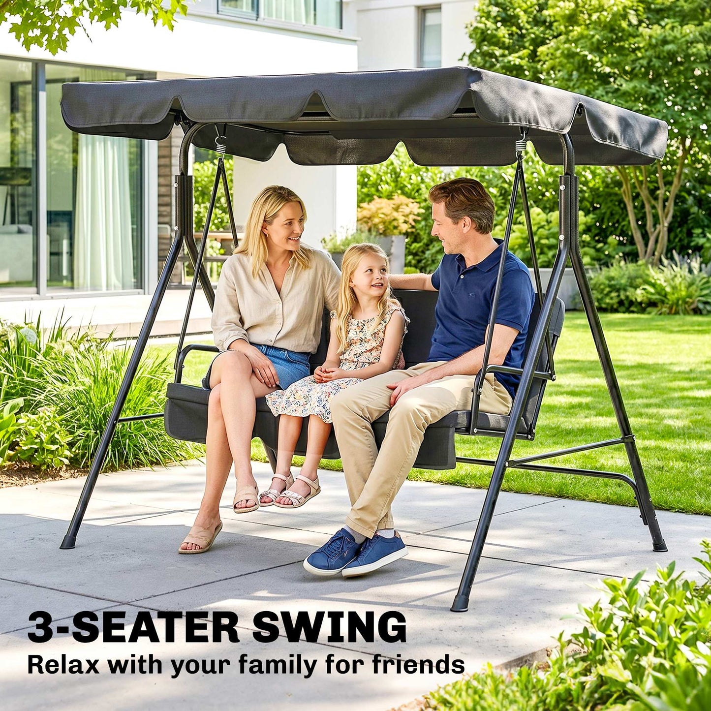 Outsunny Three-Seater Garden Swing Chair, with Adjustable Canopy - Black