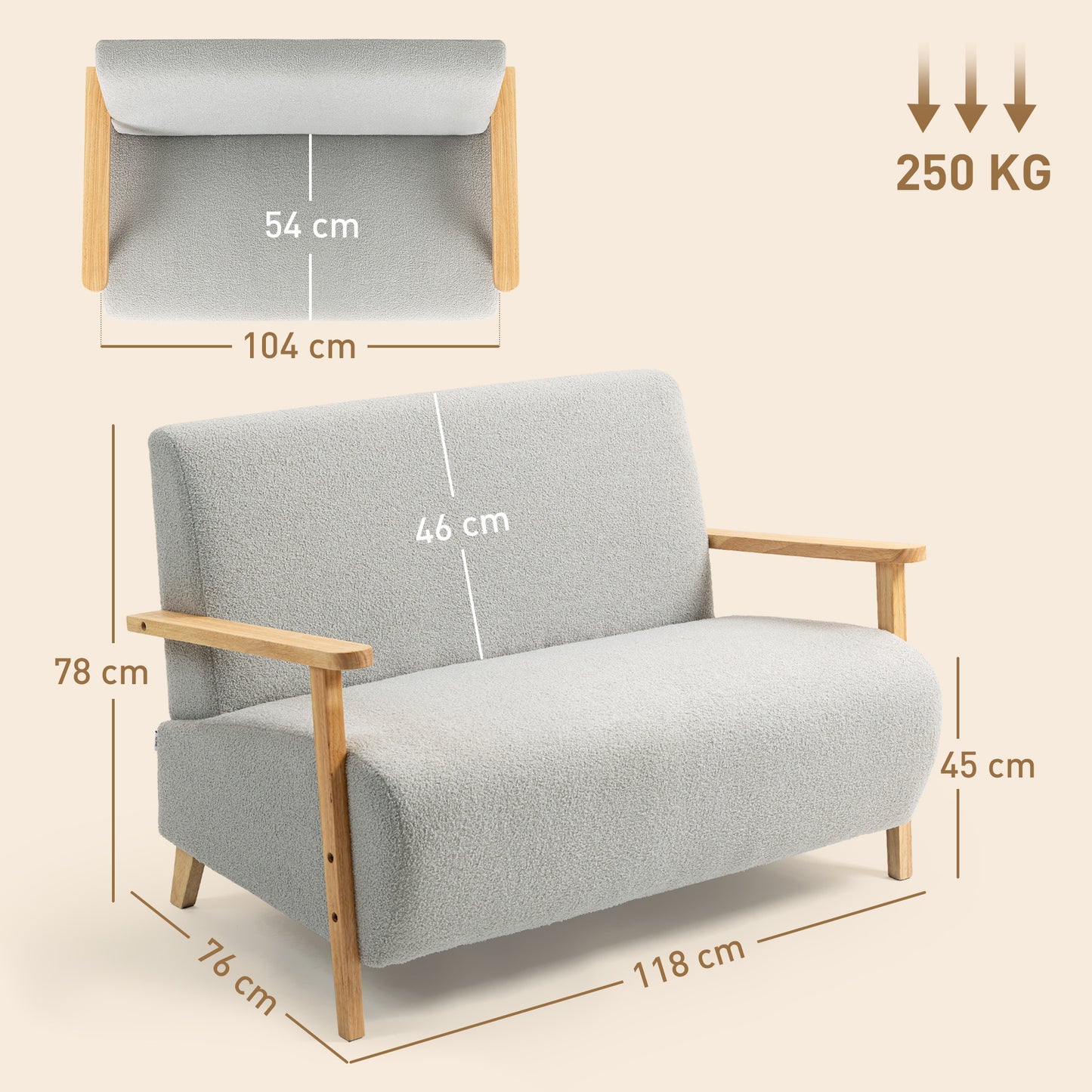 HOMCOM Small Sherpa Fabric 2 Seater Sofa Settee - Light Grey