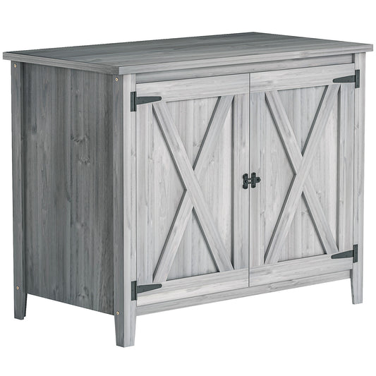 Photo of Outsunny Wooden Garden Shed, Outdoor Fir Wood Storage Shed with Shelf and Double Doors, Light Grey in Grey colour on a white background