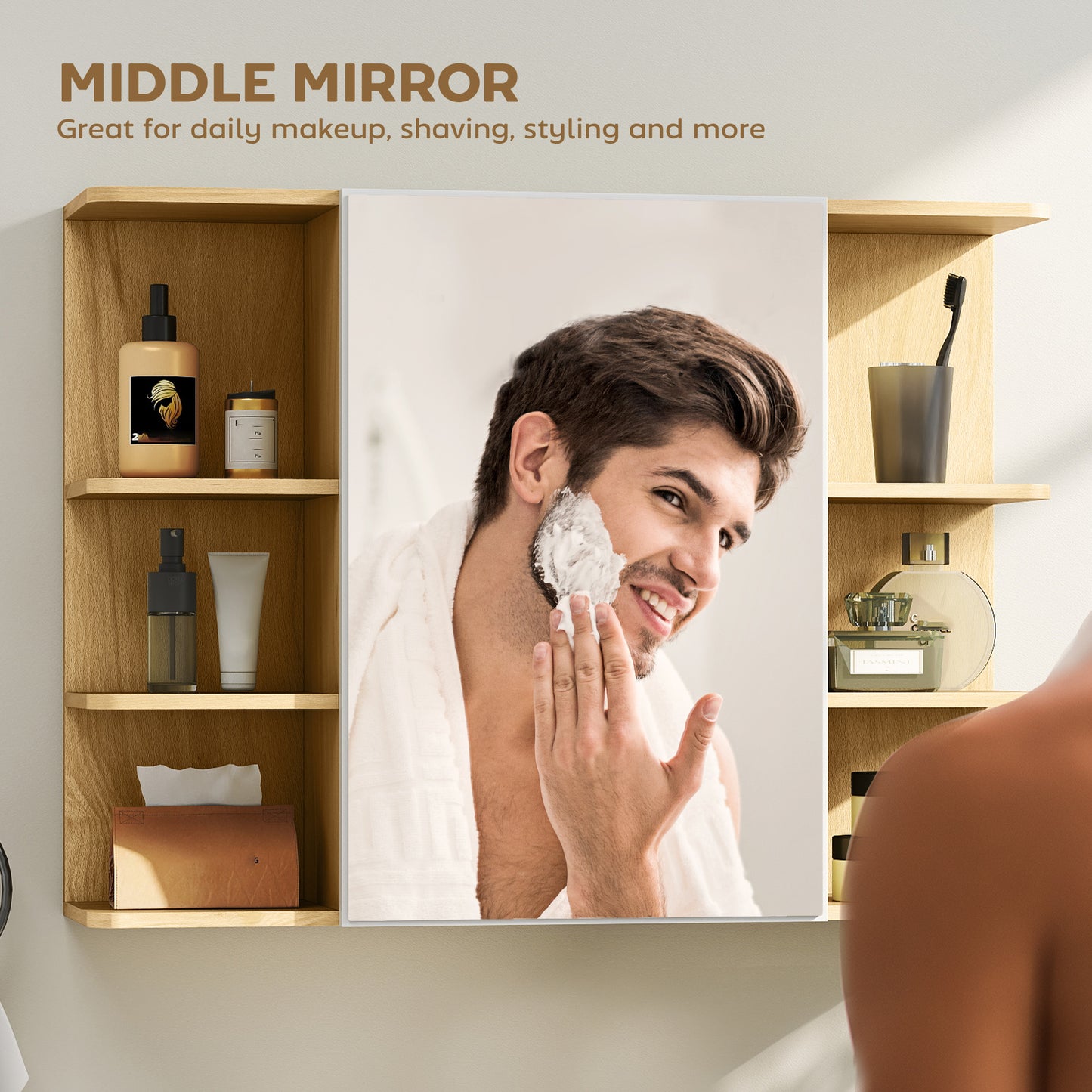 HOMCOM Bathroom Mirror Cabinet with Open Storage Shelves - Natural Wood Finish