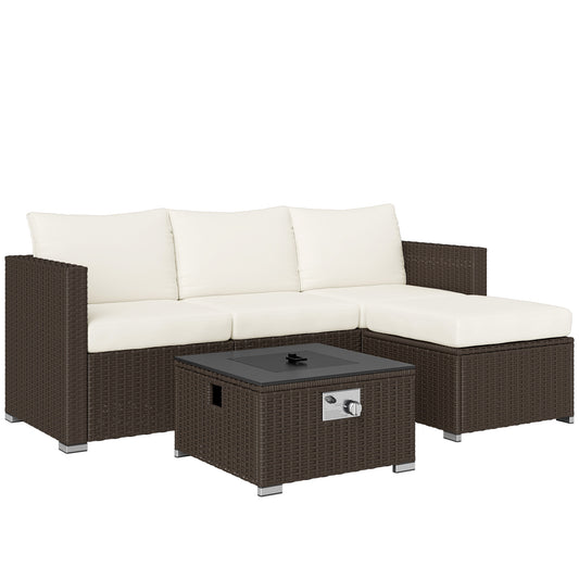 Photo of Outsunny Five Piece Rattan Garden Furniture Set with Gas Fire Pit Table and Footstool - Brown and Cream White in White colour on a white background