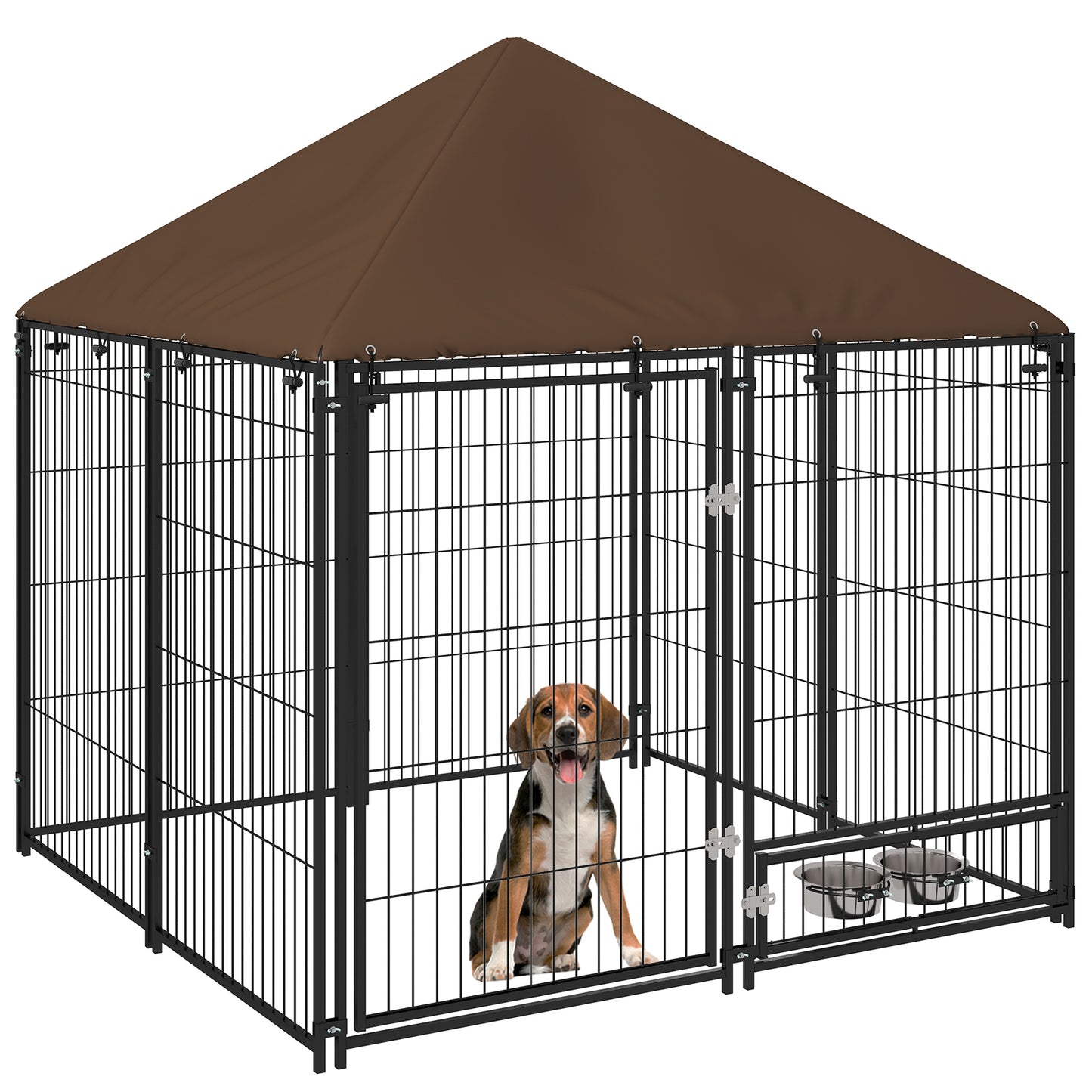 Photo of PawHut Outdoor Dog Kennel Puppy Play Pen with Canopy Garden Playpen Fence Crate Enclosure Cage Rotating Bowl 141 x 141 x 151 cm in cm colour on a white background