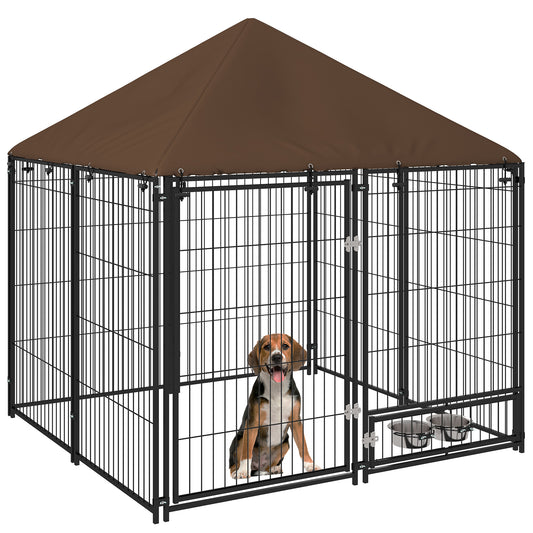 Photo of PawHut Outdoor Dog Kennel Puppy Play Pen with Canopy Garden Playpen Fence Crate Enclosure Cage Rotating Bowl 141 x 141 x 151 cm in cm colour on a white background