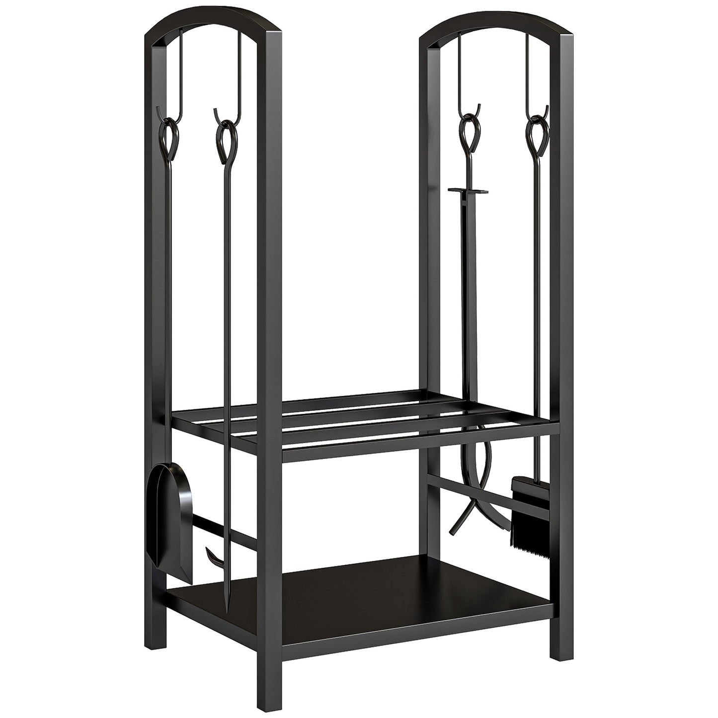 Photo of Outsunny Metal Firewood Log Holder 2 Layer Firewood Rack Indoor Outdoor Fireplace Wood Storage Shelf with 4 Tools and Hooks, Black, 40L x 30W x 74.5H cm in cm colour on a white background